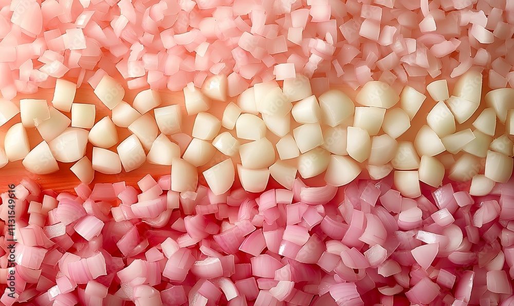 Poster chopped onions arranged in three colorful rows