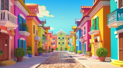 Fototapeta premium A colorful European-style street with vibrant buildings, flower boxes, cobblestone road, and a clear blue sky.