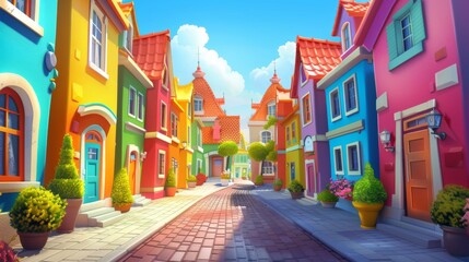 Fototapeta premium A colorful European-style street with vibrant buildings, flower boxes, cobblestone road, and a clear blue sky.
