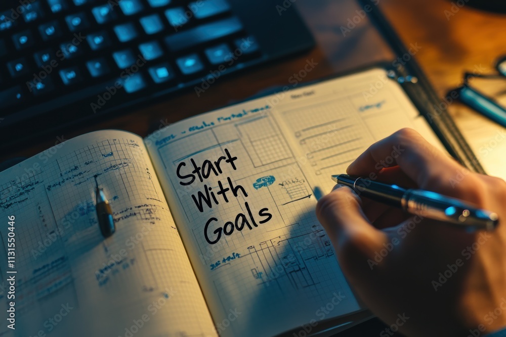 Poster a hand writes start with goals in a planner next to a keyboard, highlighting the importance of strat