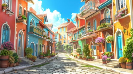 Naklejka premium A colorful European-style street with vibrant buildings, flower boxes, cobblestone road, and a clear blue sky.