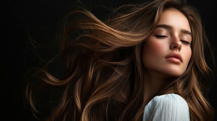 Naklejka premium Hair care, grooming and portrait of woman in studio with salon, healthy and shiny treatment for beauty. Confident, wellness and person with long, wavy and volume hairstyle routine by black background
