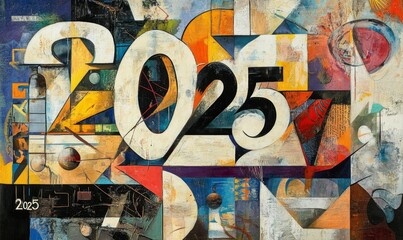 Obraz premium Abstract painting; year 2025; geometric shapes; vibrant colors.