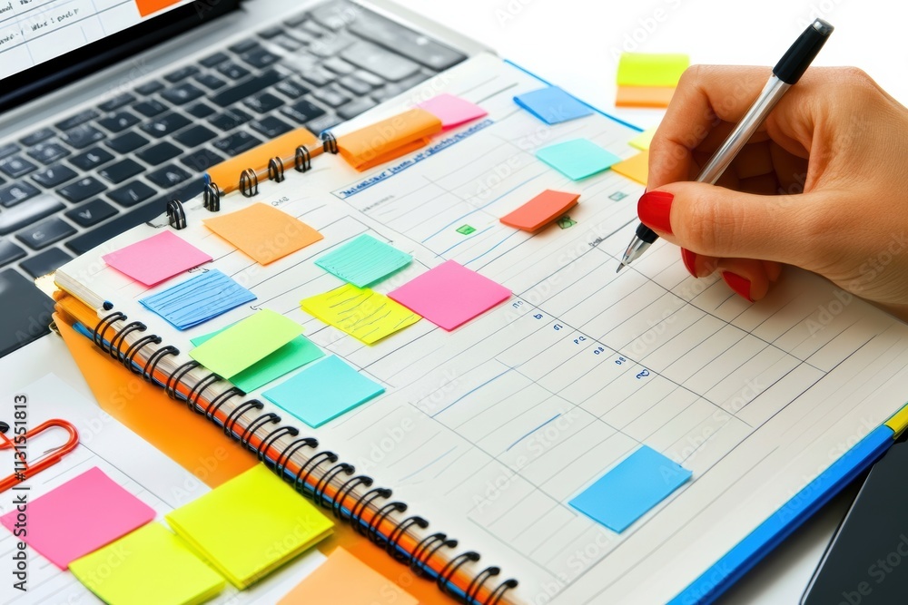 Poster A hand writes in a colorful planner filled with sticky notes and an open laptop, highlighting the importance of clear goals and effective planning for lasting success in life and work