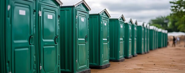 Obraz premium Row of temporary toilets set up at a relief shelter, flood disaster, essential services