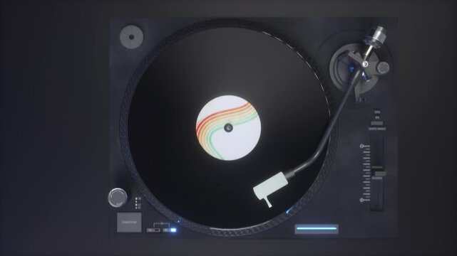 Vintage vinyl record player with music plate. Top view of vinyl disc with popular disco trends 60s, 70s, 80s, 90s, loop 3d animation