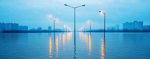 Fototapeta premium Submerged cityscape with streetlights barely visible above floodwaters, flood disaster, urban impact