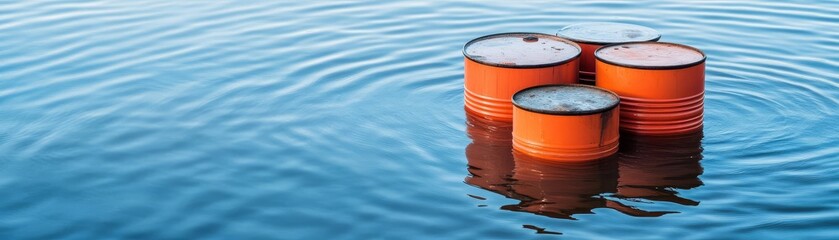 Submerged industrial area with oil drums floating, flood disaster, environmental risk