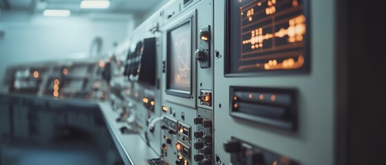 A close-up of a control panel, buttons, and screens, detailing the complex operation and precision in a technology-centric workspace.