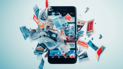 A smartphone bursting with floating newspapers and magazines, representing digital news and information in motion