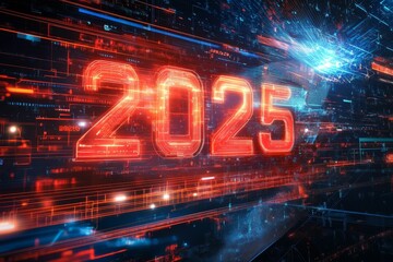 Glowing 2025 digits on futuristic digital backdrop.