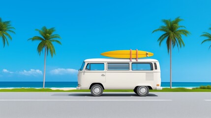 A summer road trip banner with a vintage van driving along a coastal highway, surfboards on the roof, and palm trees lining the road, perfect for a carefree adventure.