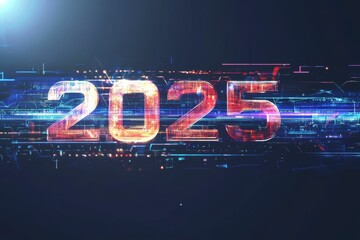 Neon 2025 digits, digital lines, futuristic backdrop.