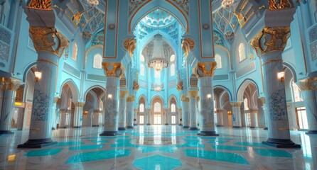 Obraz premium mosque element in ornate arabic, Islamic architecture style interior. White, golden colors, stars Ramadan Kareem. Muslim community festival. Generative AI