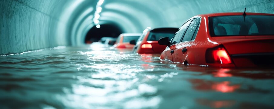 Underwater footage of submerged cars in a flooded tunnel, flood disaster, urban impact - Powered by Adobe