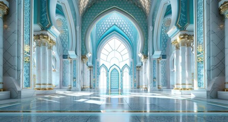 Obraz premium mosque element in ornate arabic, Islamic architecture style interior. White, golden colors, stars Ramadan Kareem. Muslim community festival. Generative AI
