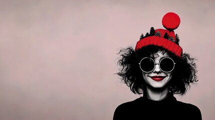 Trendy Christmas Portrait: Young Woman in Red Hat & Oversized Sunglasses Against Pink Backdrop - Perfect as a Fun Poster for Modern Interior Decor!