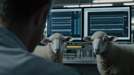 A scientist observing data on screens with two inquisitive sheep in a modern laboratory.