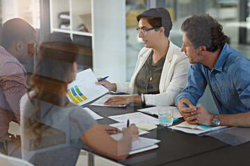 Business people, paperwork and statistics with chart for company performance, strategy or results...