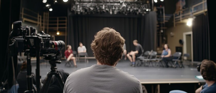A theater rehearsal with a focused director observing actors on stage from behind the camera, creating a scene teeming with creativity and anticipation.