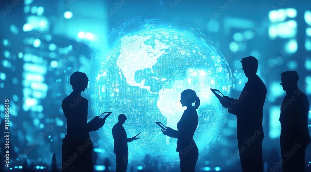 Poster a group of business people standing in front of an abstract digital globe, holding documents and usi