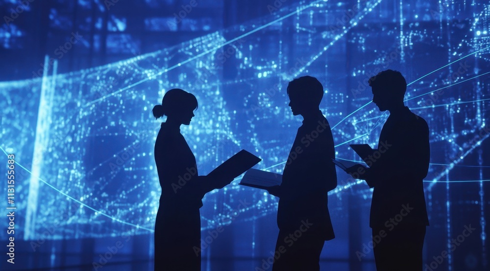 Poster a group of business people in silhouette, holding documents and discussing with a digital technology