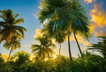 Fototapeta premium vibrant green palm fronds stretching clear blue capturing essence tropical paradise lush refreshing atmosphere, leaf, foliage, landscape, sky, sunlight