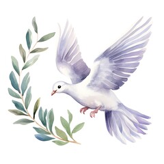 Obraz premium White dove flying with olive branch: symbol of peace and hope