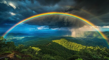 Fototapeta premium Majestic rainbow over lush green mountains.