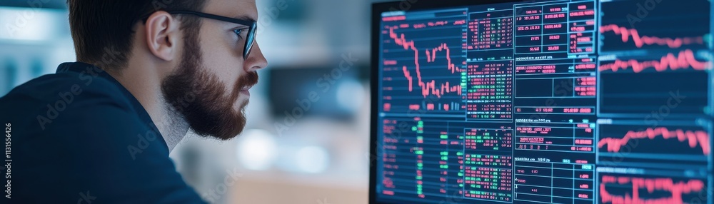 Poster a focused individual analyzing financial data on multiple screens, showcasing determination and tech