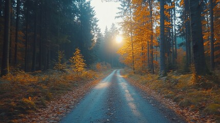 Fototapeta premium Sunlit autumn forest road.