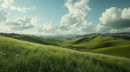 Obraz premium Lush green hills under a cloudy sky.