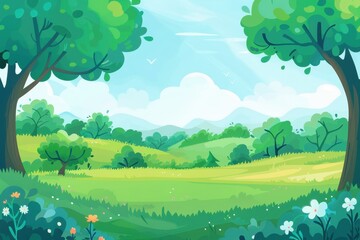 Naklejka premium Lush Green Meadow with Trees, Hills, and Blue Sky