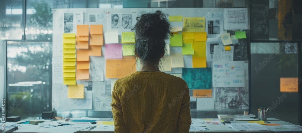 Poster an individual focused on their goals stands before a vibrant wall of colorful sticky notes and image