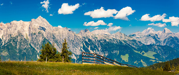 High resolution stitched alpine summer panorama at Mount Asitz, Leogang, Zell am See, Pinzgau, Salzburg, Austria
