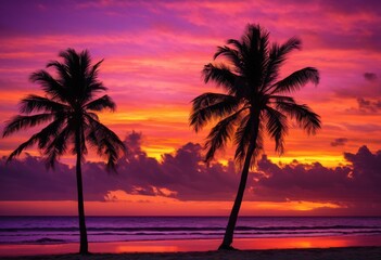 vibrant palm tree silhouettes perfect tropical inspirations versatile design applications, beach, sunset, nature, exotic, summer, foliage, colorful