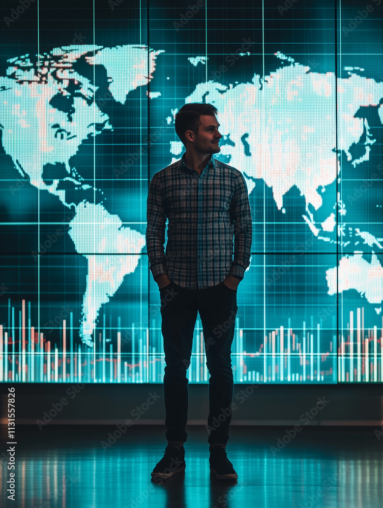 Aufkleber confident man standing in front of a large digital world map in an office environment during the eve