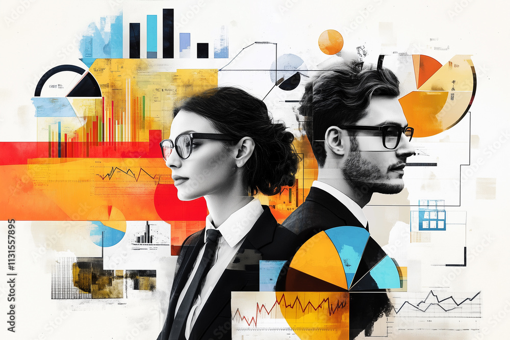 Poster creative collage showcasing business professionals analyzing data and statistics with colorful graph