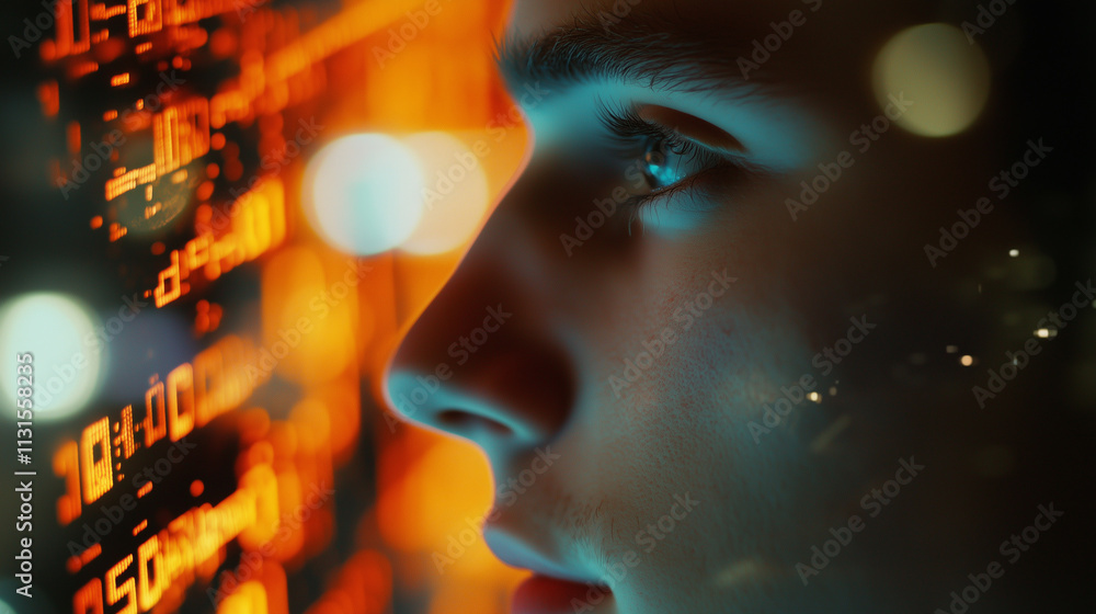 Poster close-up of a mans profile illuminated by vibrant digital displays in a high-tech environment