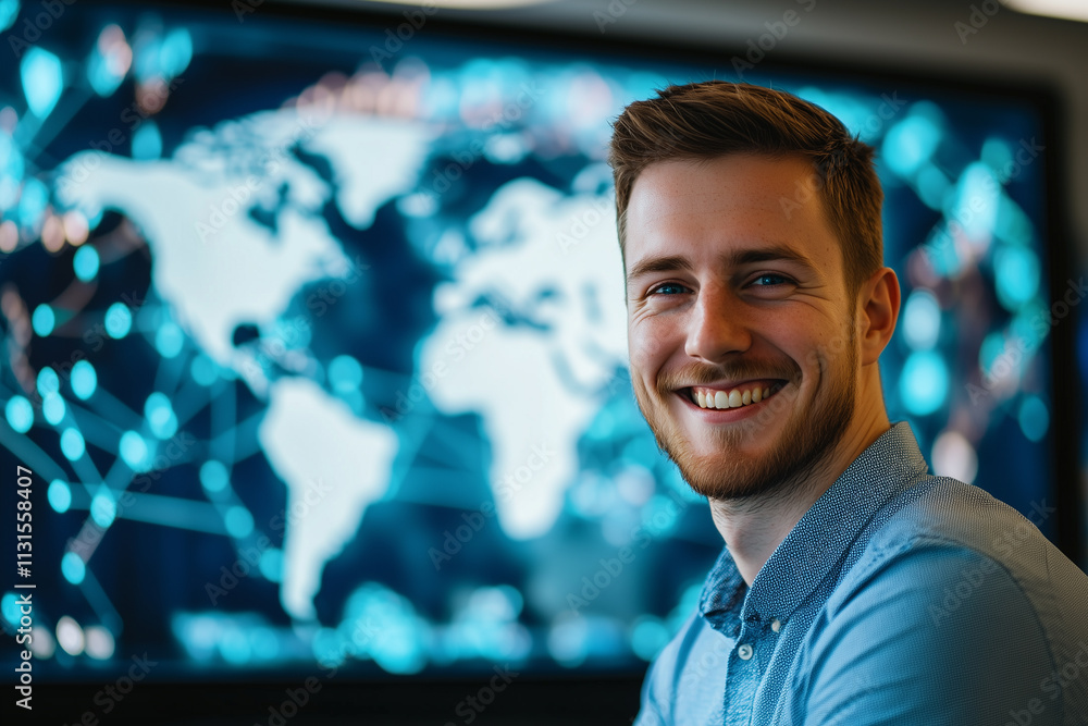 Aufkleber confident man smiling while engaging with digital world map in modern workspace