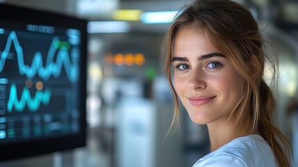 Fototapeta premium A young woman smiles while monitoring digital data in a bright medical environment during the day