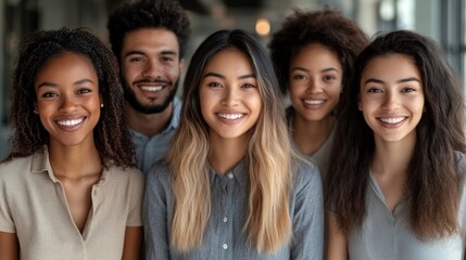 Fototapeta premium Five smiling individuals with varied hairstyles and attire enjoy each others company indoors