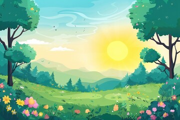 Fototapeta premium Sunlit Meadow with Lush Greenery and Blooming Flowers