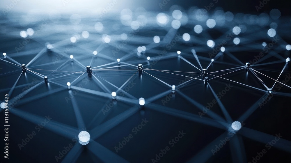 Poster interconnected nodes are illuminated against a dark background, highlighting a technological network