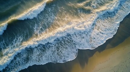 Fototapeta premium Waves crashing on a sandy shore with vibrant colors during sunset