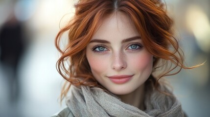 Fototapeta premium Woman with wavy hair and a scarf smiles warmly while standing on a busy city street during daytime