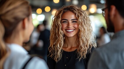 Fototapeta premium Woman with curly hair smiles while chatting with friends in a bright, bustling environment