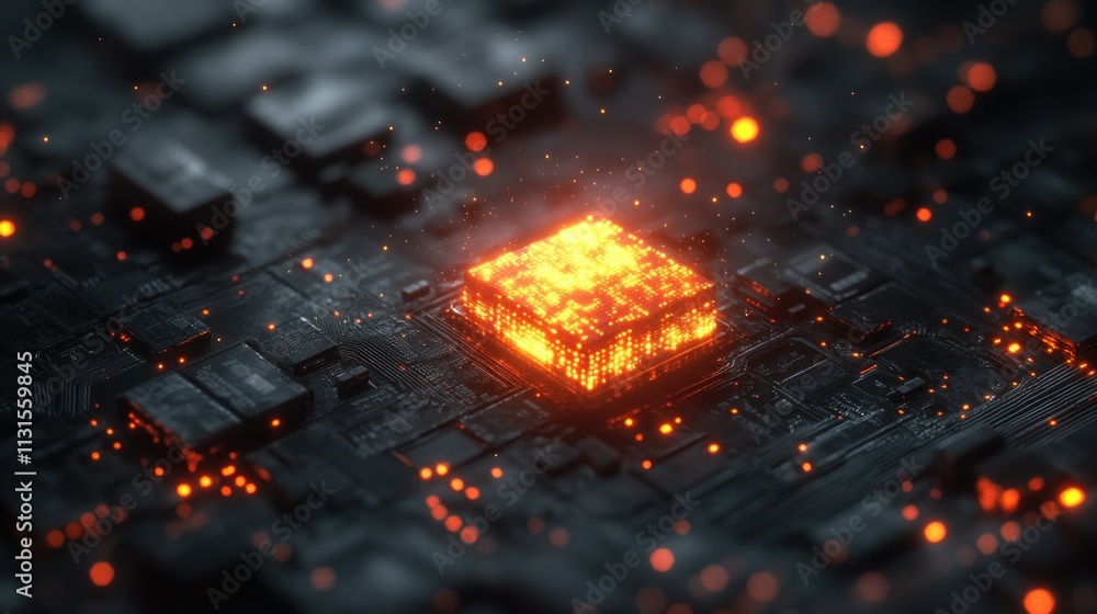 Aufkleber glowing cubes radiate bright light on a circuit board filled with intricate patterns