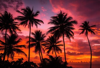 Obraz premium vibrant silhouetted palm leaves stunning sunset background fiery orange soft pink hues, tropical, sky, horizon, light, beauty, glow, shadow, flower, plant