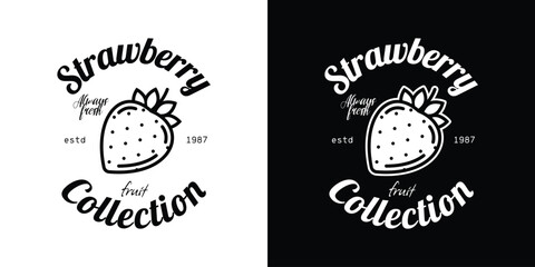 Emblem collection of fruits. Strawberry. Original vector illustration in vintage style. T-shirt design.